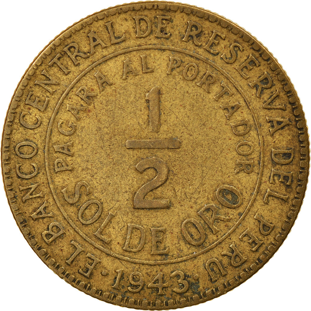 Coin, Peru, 1/2 Sol, 1943, Lima, EF(40-45), Brass, KM:220.4