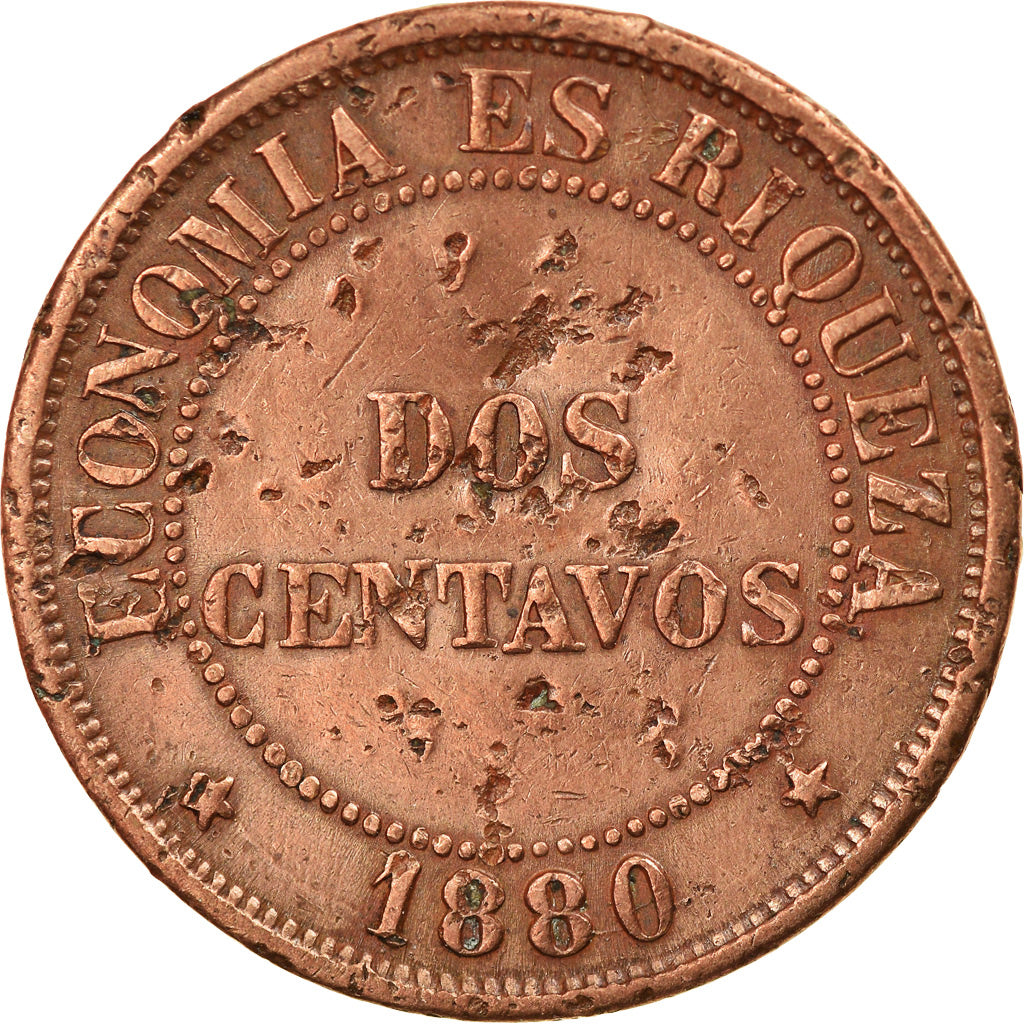 Moneta, Cile, 2 Centavos, 1880, MB, Rame, KM:147a