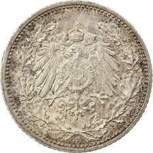 Coin, GERMANY - EMPIRE, 1/2 Mark, 1915, Stuttgart, AU(50-53), Silver, KM:17