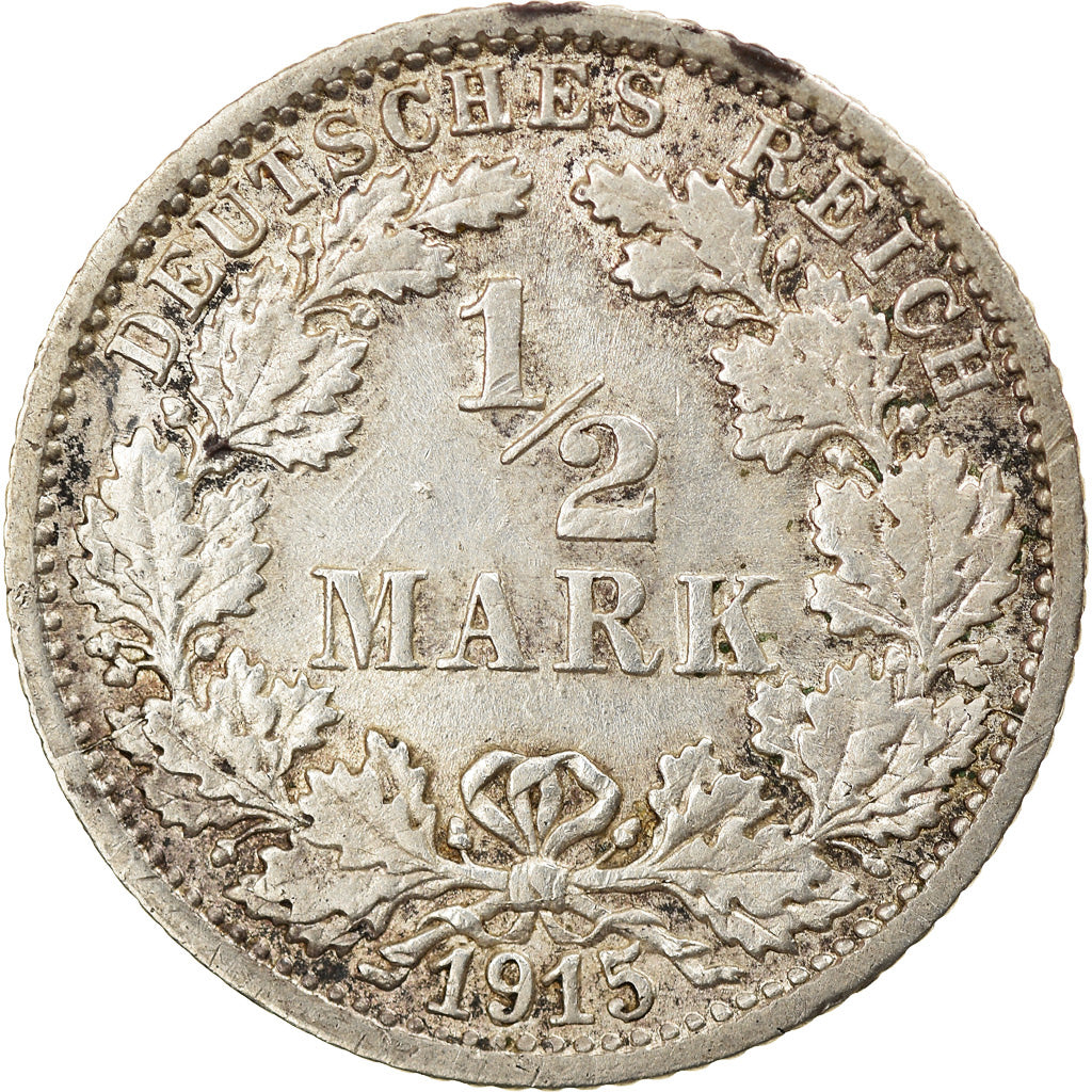Coin, GERMANY - EMPIRE, 1/2 Mark, 1915, Stuttgart, AU(50-53), Silver, KM:17
