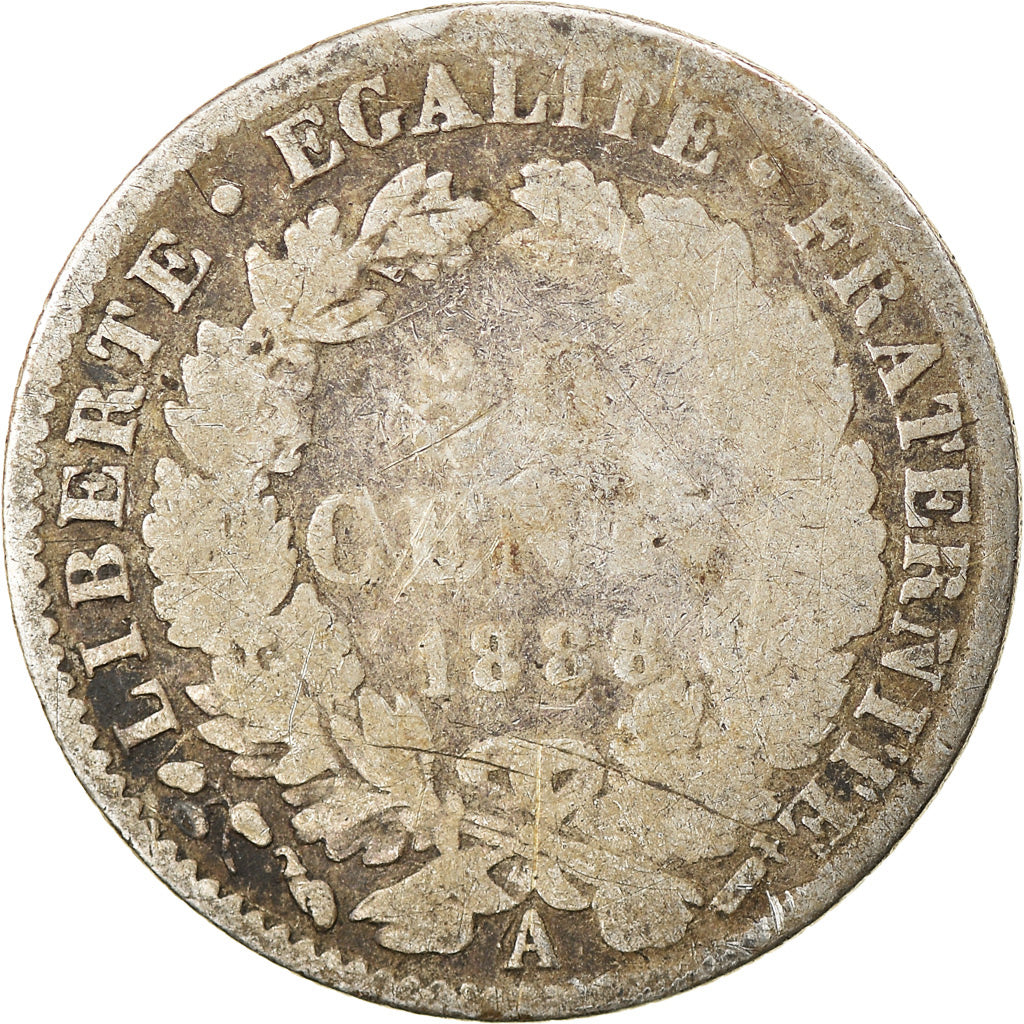 Moneda, Francia, Cérès, 50 Centimes, 1888, Paris, BC, Plata, KM:834.1