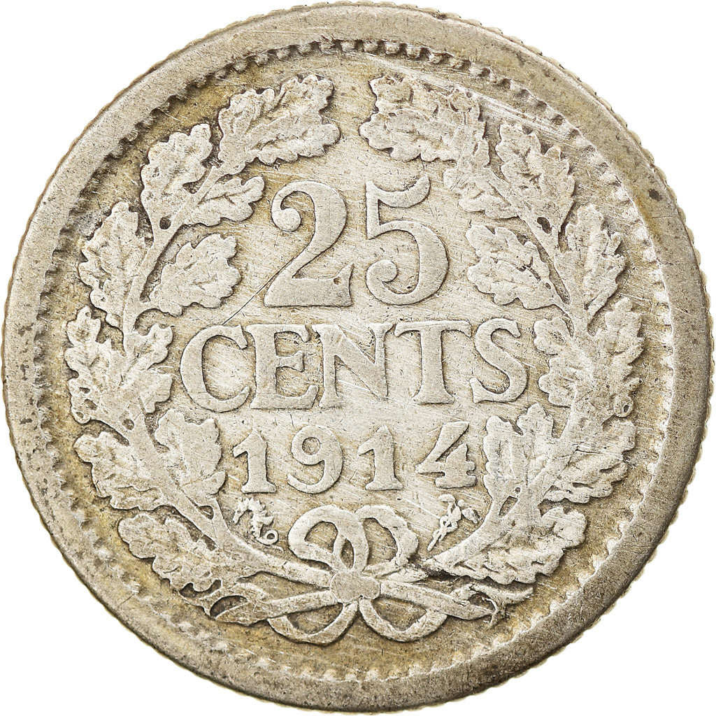 Coin, Netherlands, Wilhelmina I, 25 Cents, 1914, VF(20-25), Silver, KM:146