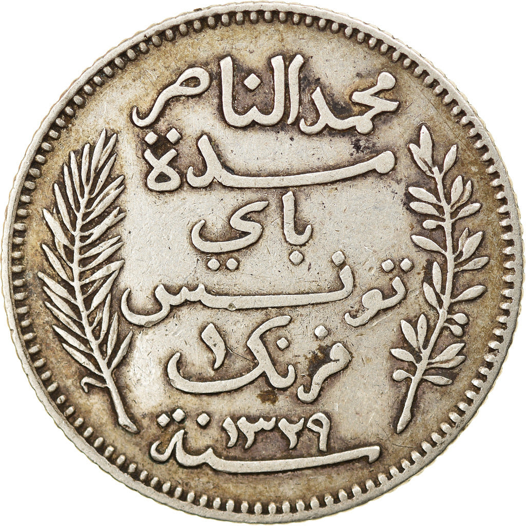 Coin, Tunisia, Muhammad al-Nasir Bey, Franc, 1911, Paris, EF(40-45), Silver