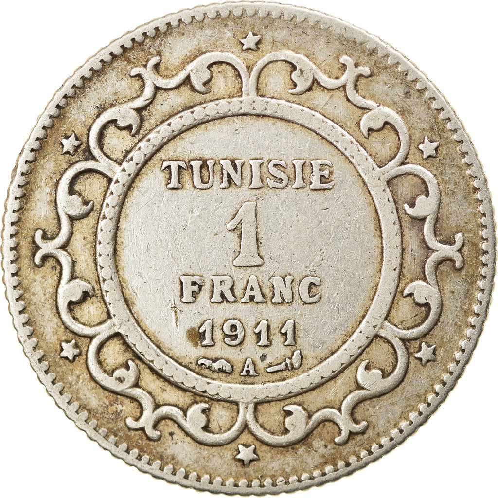 Coin, Tunisia, Muhammad al-Nasir Bey, Franc, 1911, Paris, EF(40-45), Silver