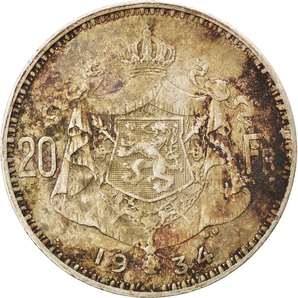 Coin, Belgium, 20 Francs, 20 Frank, 1934, VF(20-25), Silver, KM:103.1