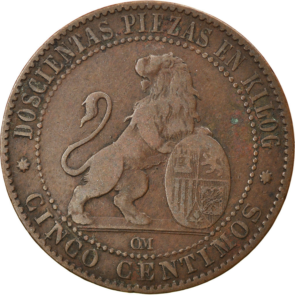 Moneda, España, Provisional Government, 5 Centimos, 1870, Barcelona, BC+