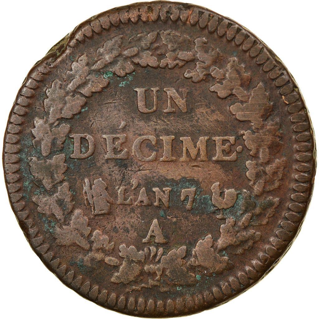 Coin, France, Dupré, Decime, AN 7, Paris, VF(20-25), Bronze, KM:644.1