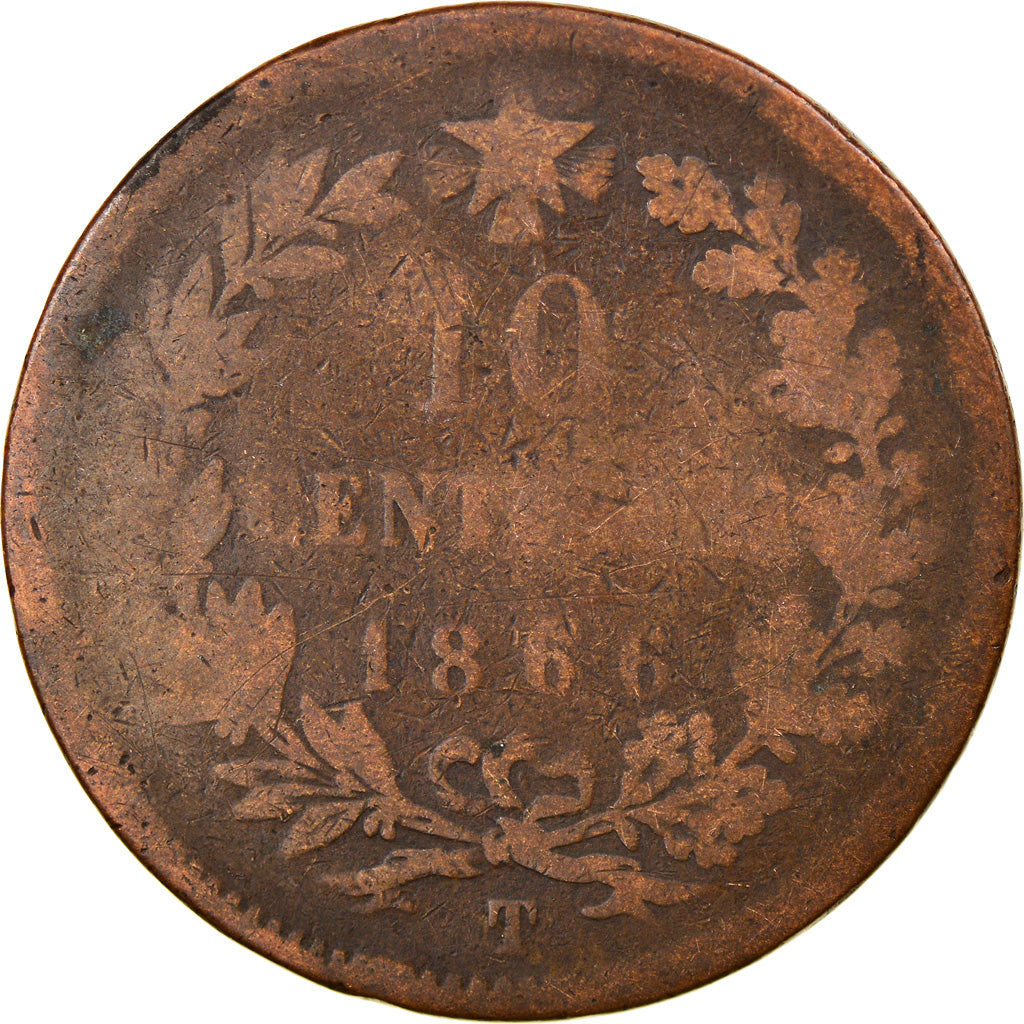Moneta, Włochy, Vittorio Emanuele II, 10 Centesimi, 1866, Torino, VF(20-25)