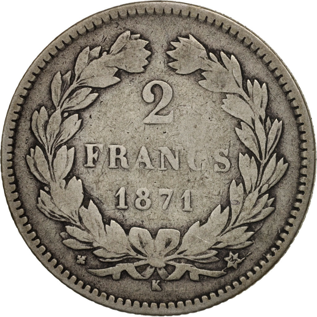 Moneta, Francia, Cérès, 2 Francs, 1871, Bordeaux, MB+, Argento, KM:816.2