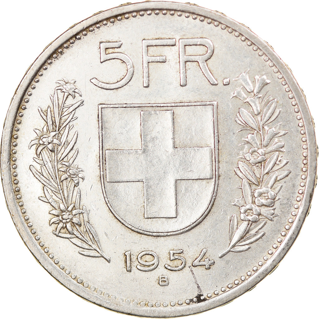 Coin, Switzerland, 5 Francs, 1954, Bern, EF(40-45), Silver, KM:40