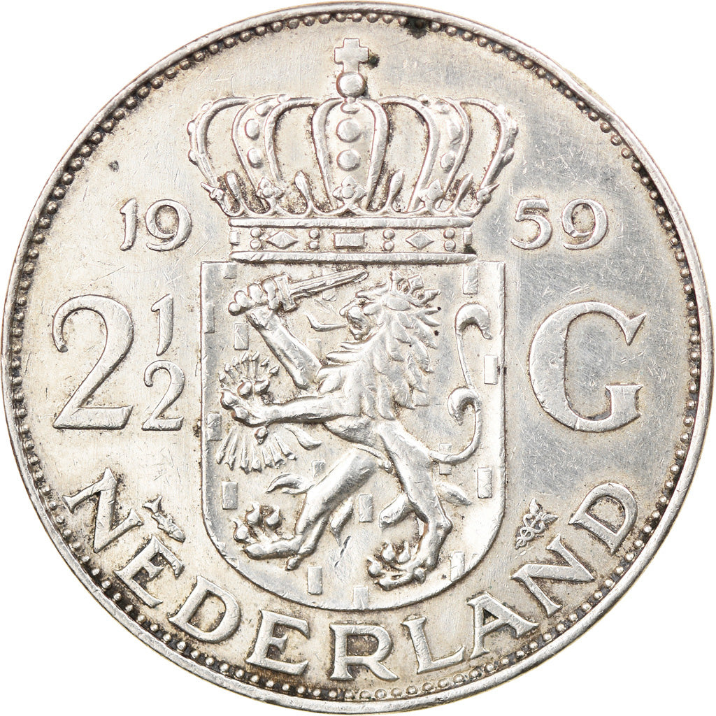 Coin, Netherlands, Juliana, 2-1/2 Gulden, 1959, AU(50-53), Silver, KM:185