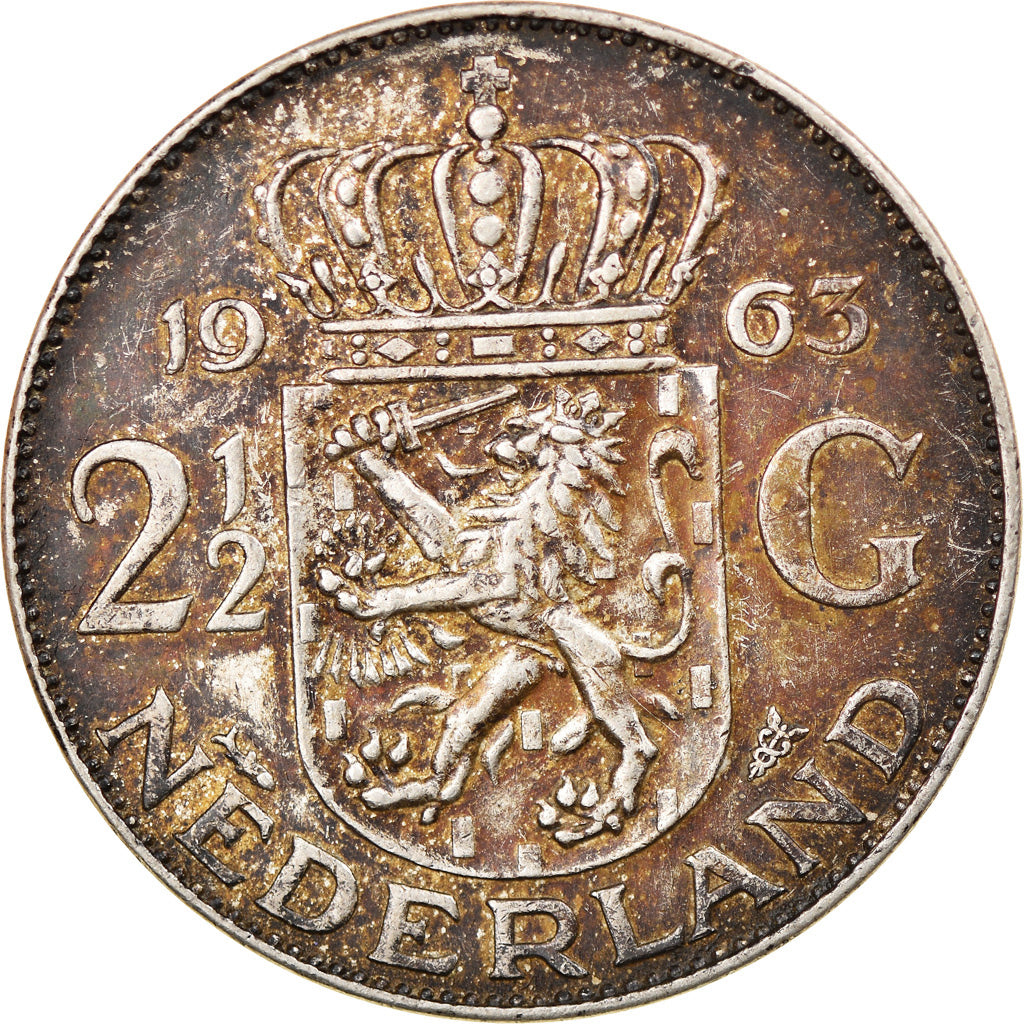 Coin, Netherlands, Juliana, 2-1/2 Gulden, 1963, EF(40-45), Silver, KM:185