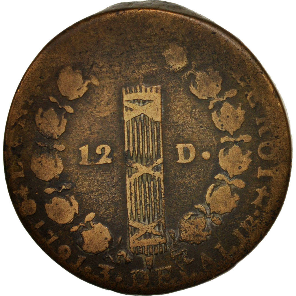 France, 12 deniers françois, 1791, Metz, VF(20-25), Bronze, KM:600.2