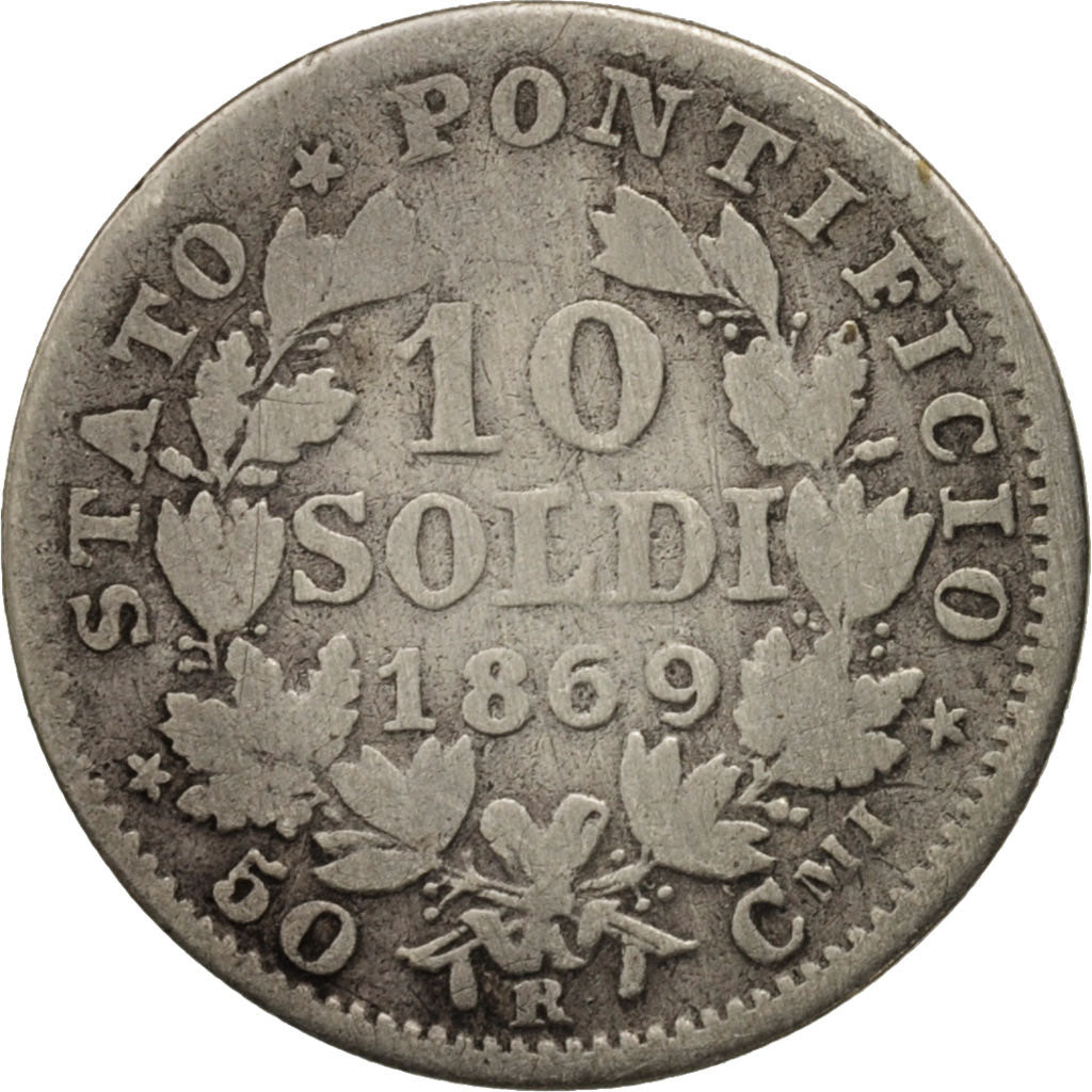 ITALIAN STATES, PAPAL STATES, Pius IX, 10 Soldi, 1869, F(12-15), KM 1386.1