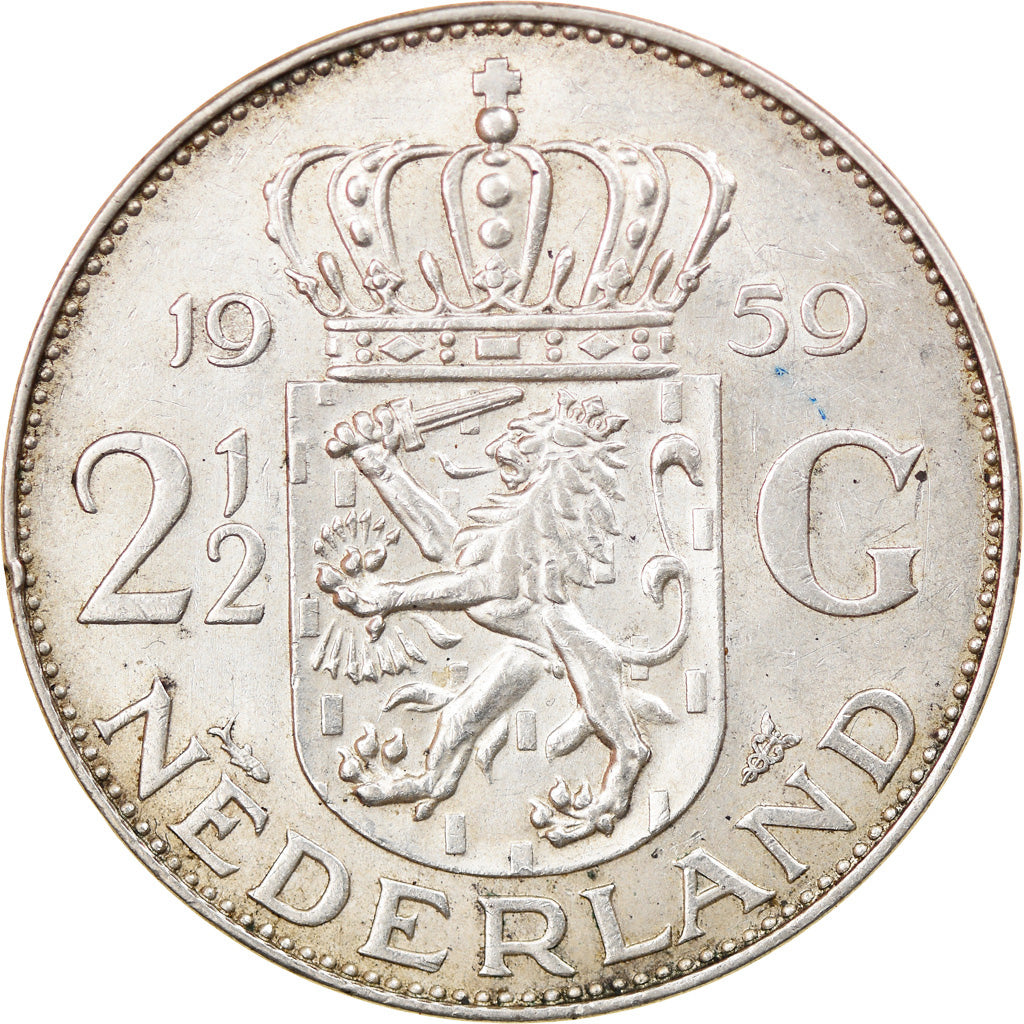 Coin, Netherlands, Juliana, 2-1/2 Gulden, 1959, AU(50-53), Silver, KM:185