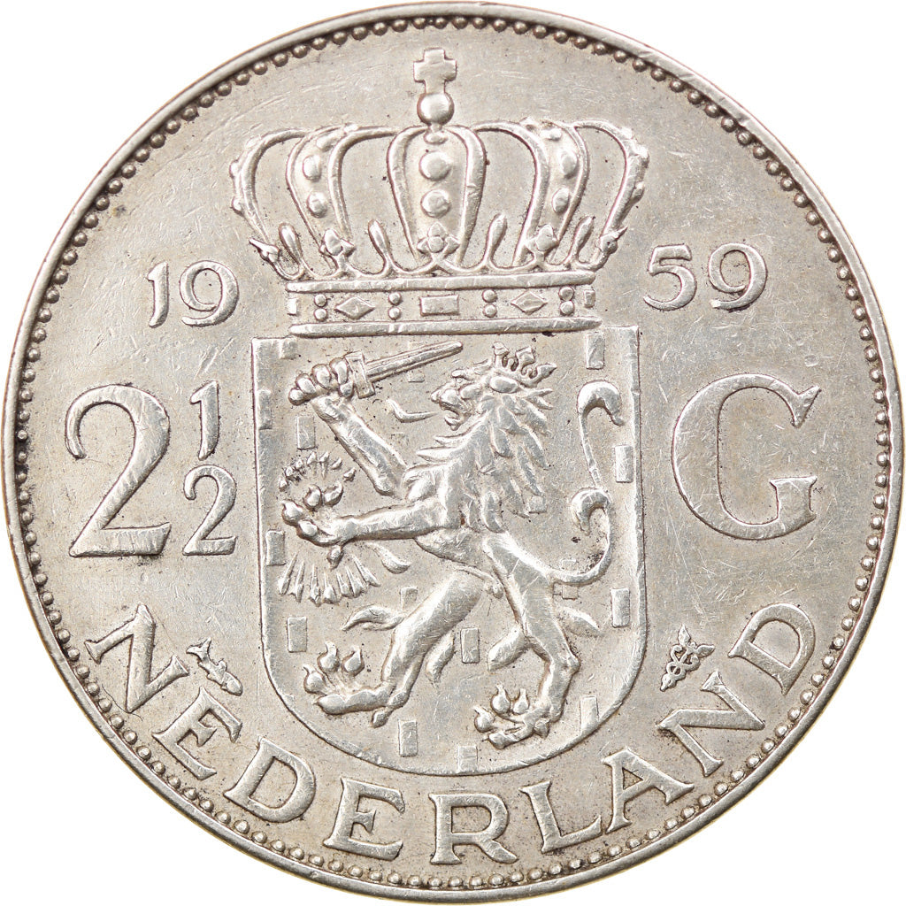 Coin, Netherlands, Juliana, 2-1/2 Gulden, 1959, EF(40-45), Silver, KM:185