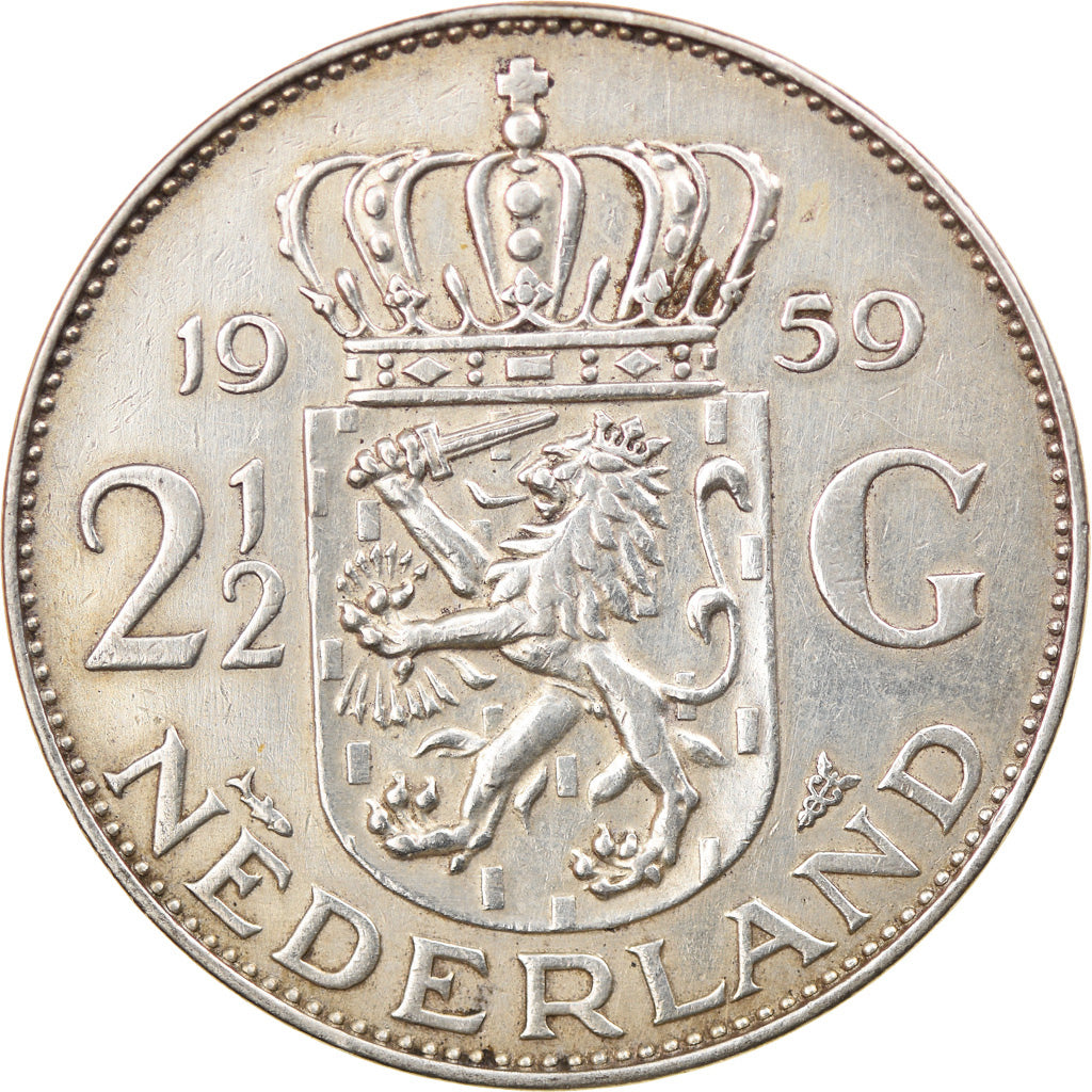 Coin, Netherlands, Juliana, 2-1/2 Gulden, 1959, EF(40-45), Silver, KM:185