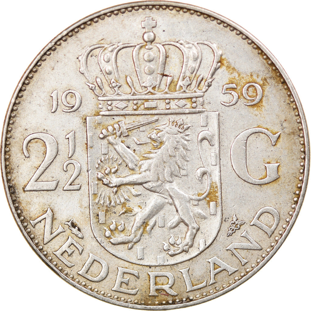 Coin, Netherlands, Juliana, 2-1/2 Gulden, 1959, EF(40-45), Silver, KM:185