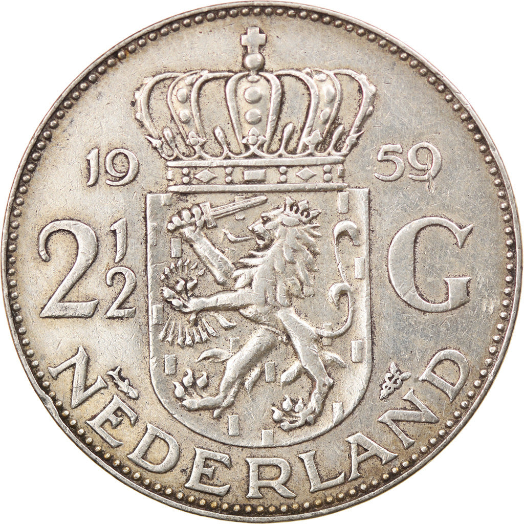 Coin, Netherlands, Juliana, 2-1/2 Gulden, 1959, EF(40-45), Silver, KM:185