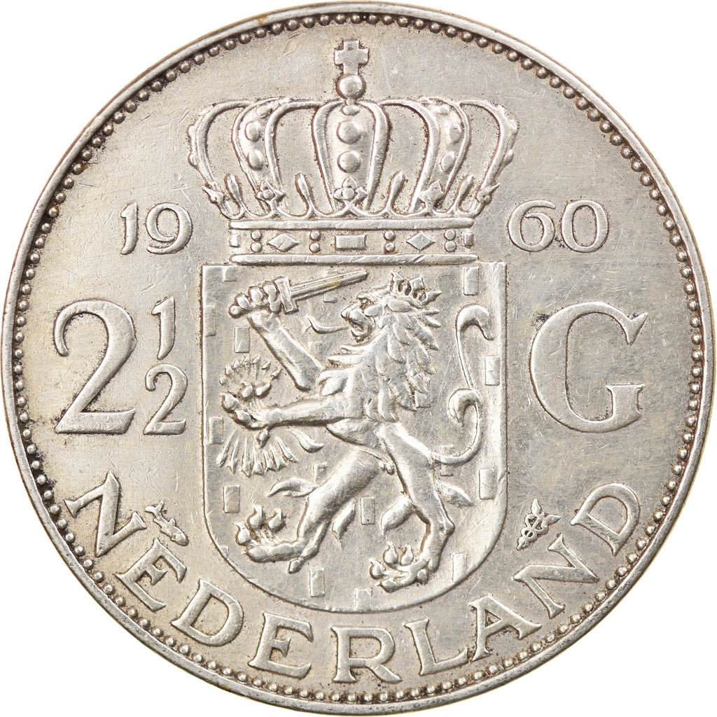 Moeda, Países Baixos, Juliana, 2-1/2 Gulden, 1960, AU(50-53), Prata, KM:185