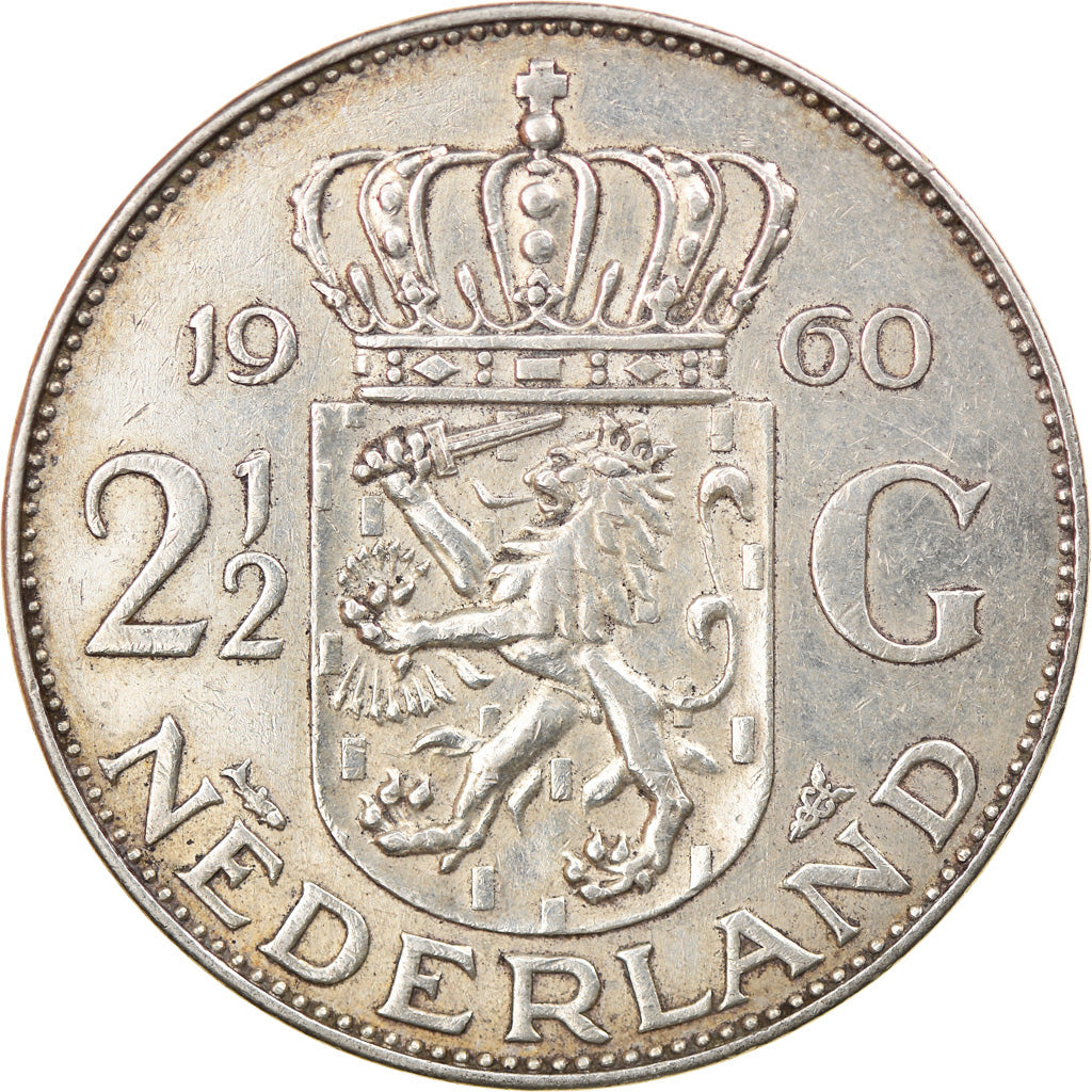 Coin, Netherlands, Juliana, 2-1/2 Gulden, 1960, EF(40-45), Silver, KM:185