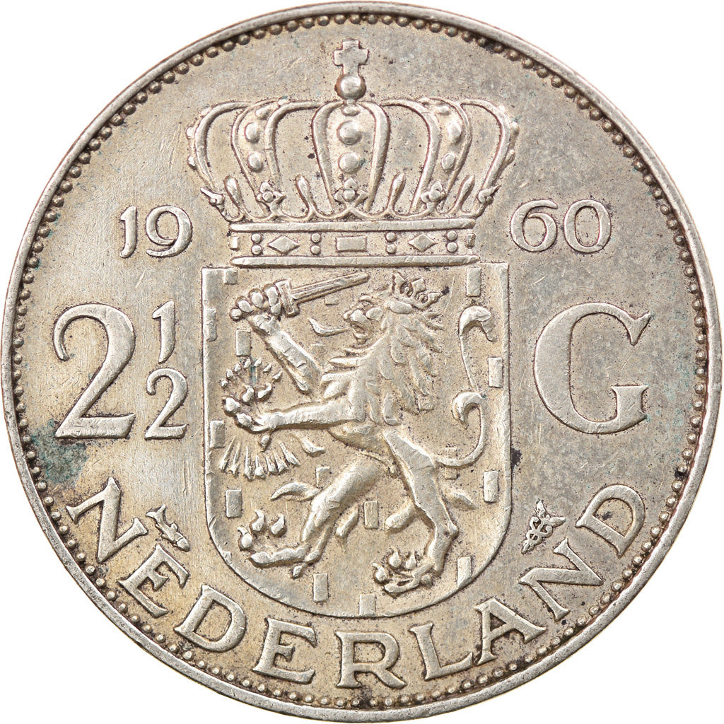 Coin, Netherlands, Juliana, 2-1/2 Gulden, 1960, EF(40-45), Silver, KM:185