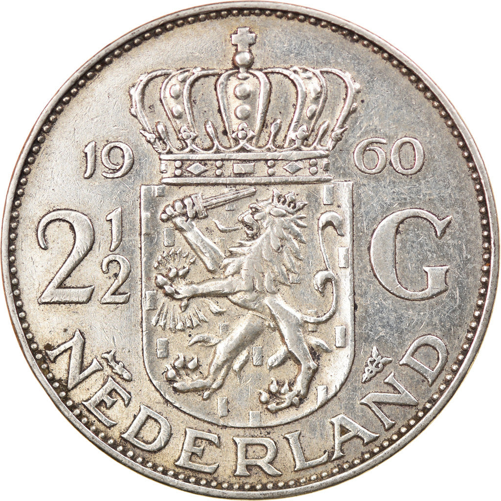 Coin, Netherlands, Juliana, 2-1/2 Gulden, 1960, EF(40-45), Silver, KM:185