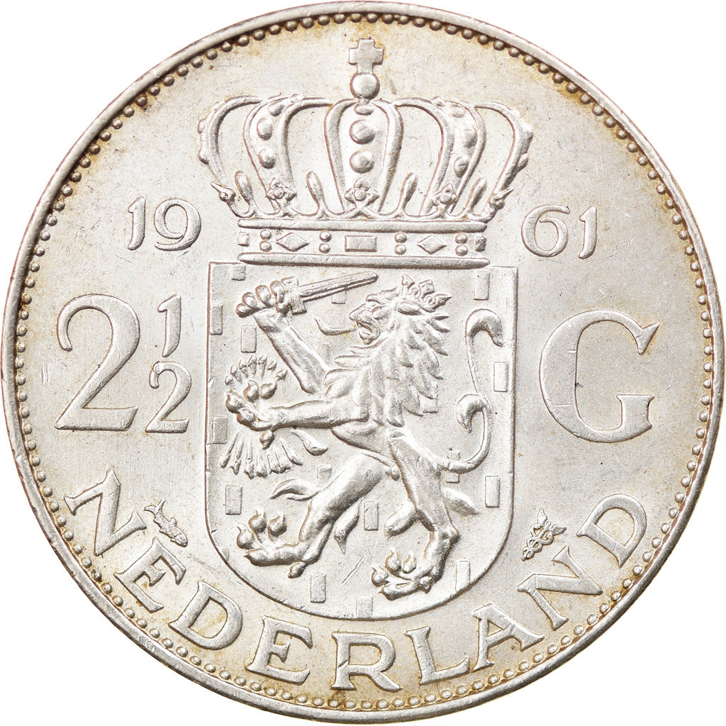 Coin, Netherlands, Juliana, 2-1/2 Gulden, 1961, AU(55-58), Silver, KM:185