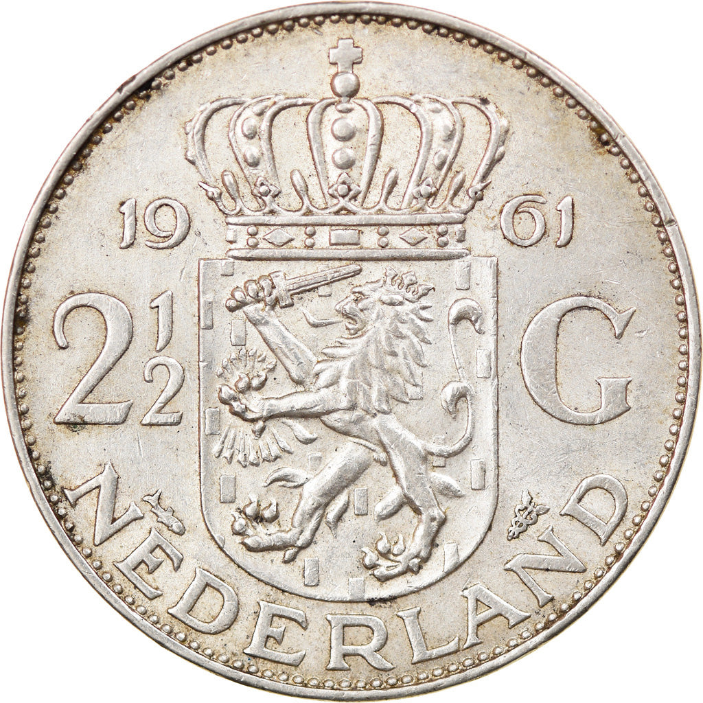 Coin, Netherlands, Juliana, 2-1/2 Gulden, 1961, EF(40-45), Silver, KM:185