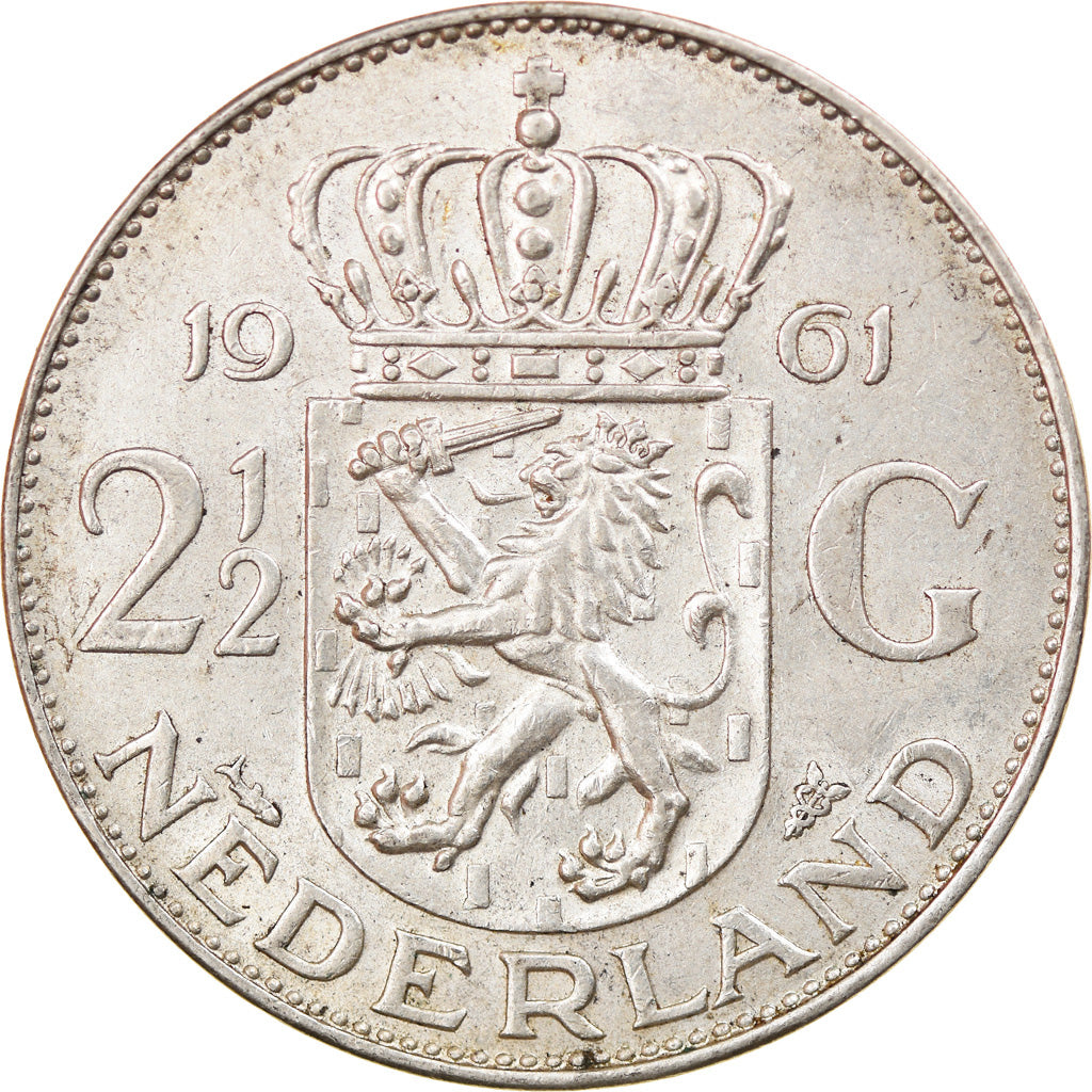 Coin, Netherlands, Juliana, 2-1/2 Gulden, 1961, EF(40-45), Silver, KM:185