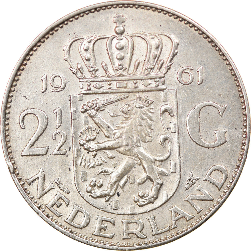 Coin, Netherlands, Juliana, 2-1/2 Gulden, 1961, EF(40-45), Silver, KM:185