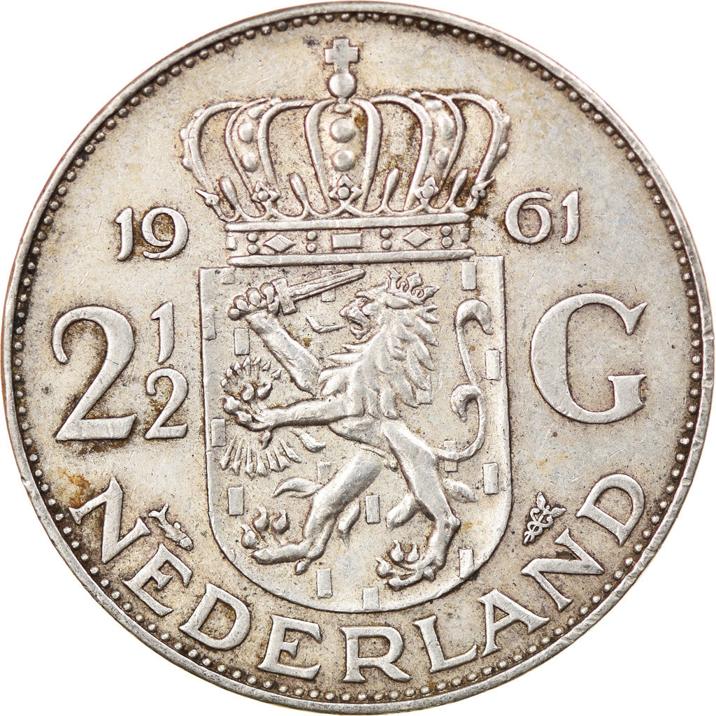 Coin, Netherlands, Juliana, 2-1/2 Gulden, 1961, EF(40-45), Silver, KM:185
