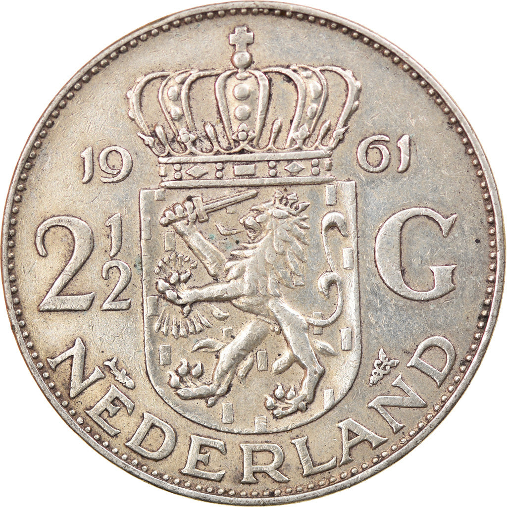 Coin, Netherlands, Juliana, 2-1/2 Gulden, 1961, EF(40-45), Silver, KM:185