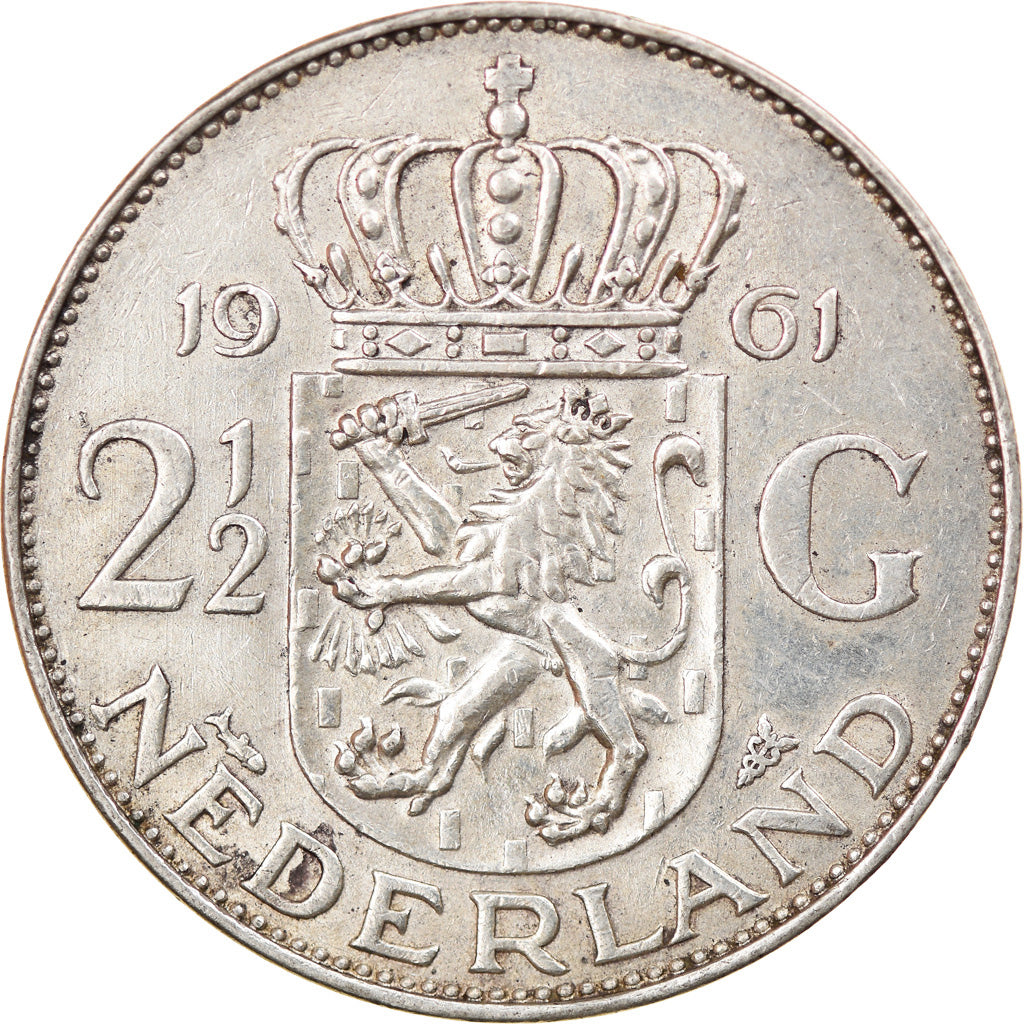 Coin, Netherlands, Juliana, 2-1/2 Gulden, 1961, EF(40-45), Silver, KM:185