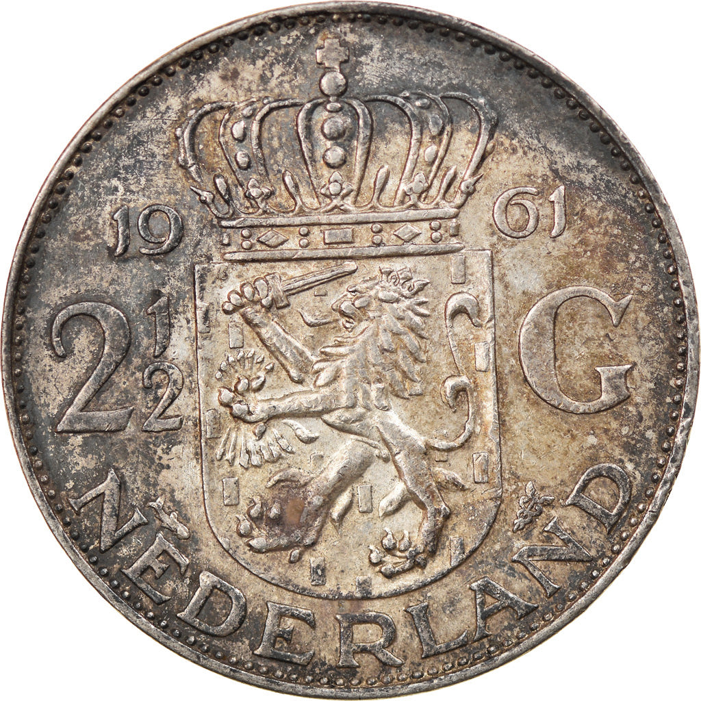 Coin, Netherlands, Juliana, 2-1/2 Gulden, 1961, EF(40-45), Silver, KM:185