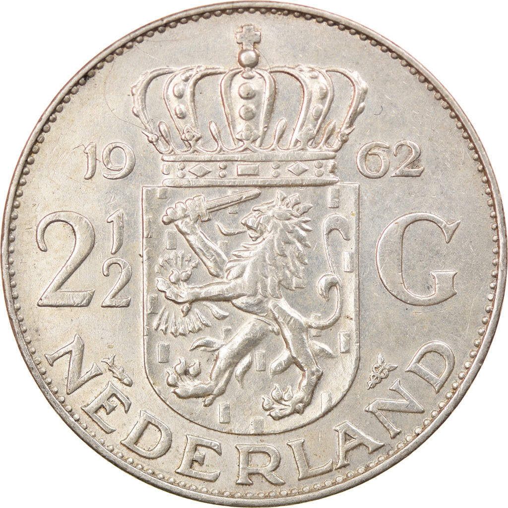 Coin, Netherlands, Juliana, 2-1/2 Gulden, 1962, EF(40-45), Silver, KM:185