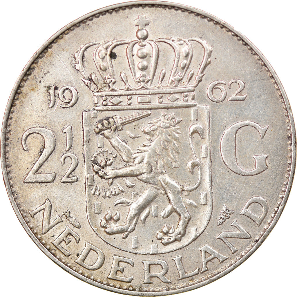 Coin, Netherlands, Juliana, 2-1/2 Gulden, 1962, EF(40-45), Silver, KM:185