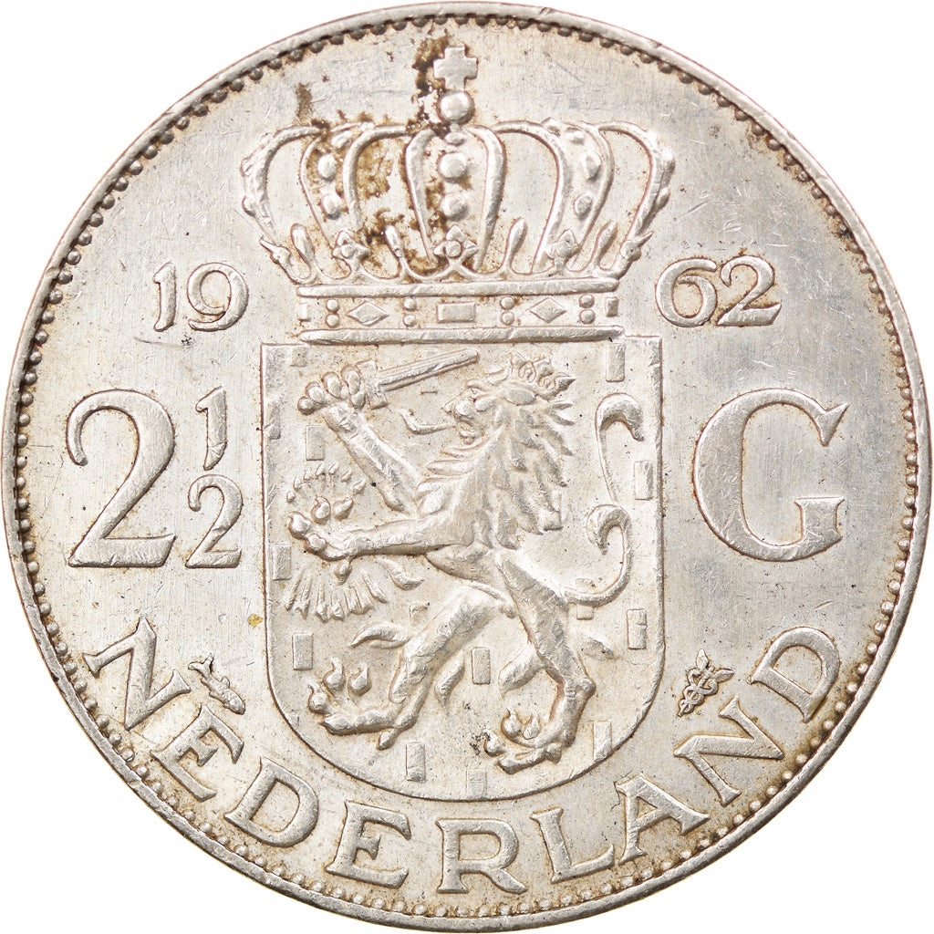 Coin, Netherlands, Juliana, 2-1/2 Gulden, 1962, EF(40-45), Silver, KM:185