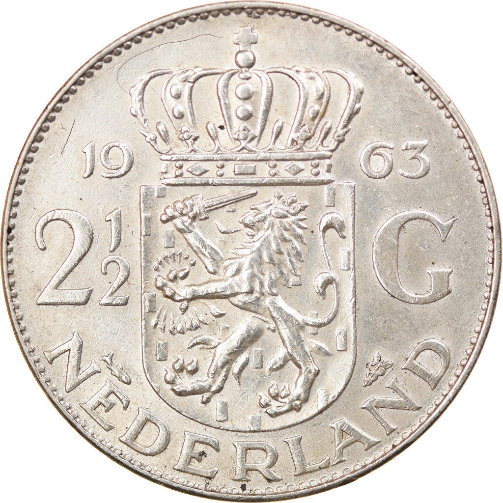 Munten, Nederland, Juliana, 2-1/2 Gulden, 1963, ZF+, Zilver, KM:185