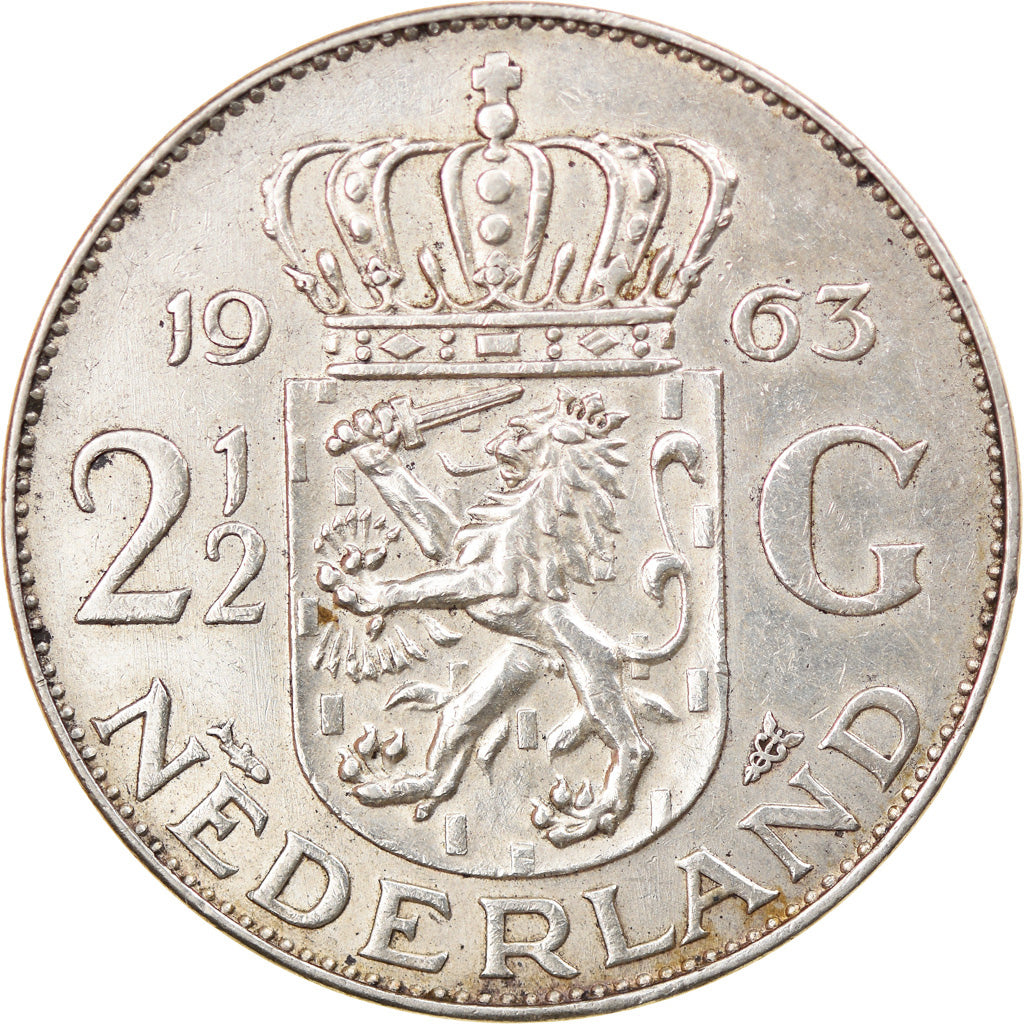 Coin, Netherlands, Juliana, 2-1/2 Gulden, 1963, EF(40-45), Silver, KM:185