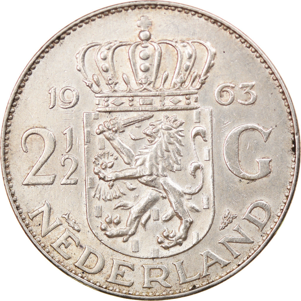 Coin, Netherlands, Juliana, 2-1/2 Gulden, 1963, EF(40-45), Silver, KM:185