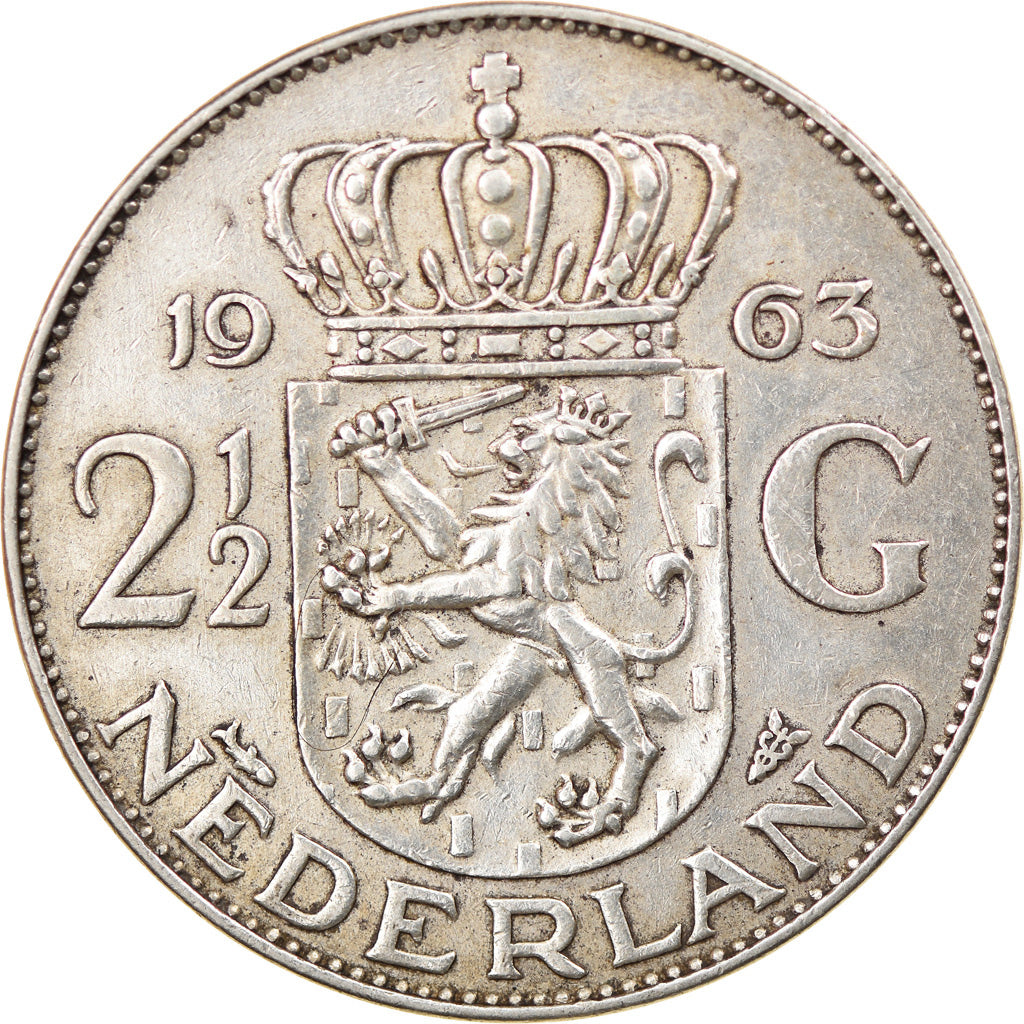 Coin, Netherlands, Juliana, 2-1/2 Gulden, 1963, EF(40-45), Silver, KM:185