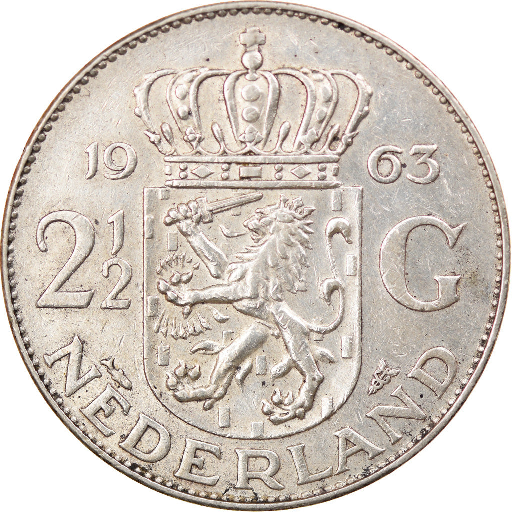 Coin, Netherlands, Juliana, 2-1/2 Gulden, 1963, EF(40-45), Silver, KM:185