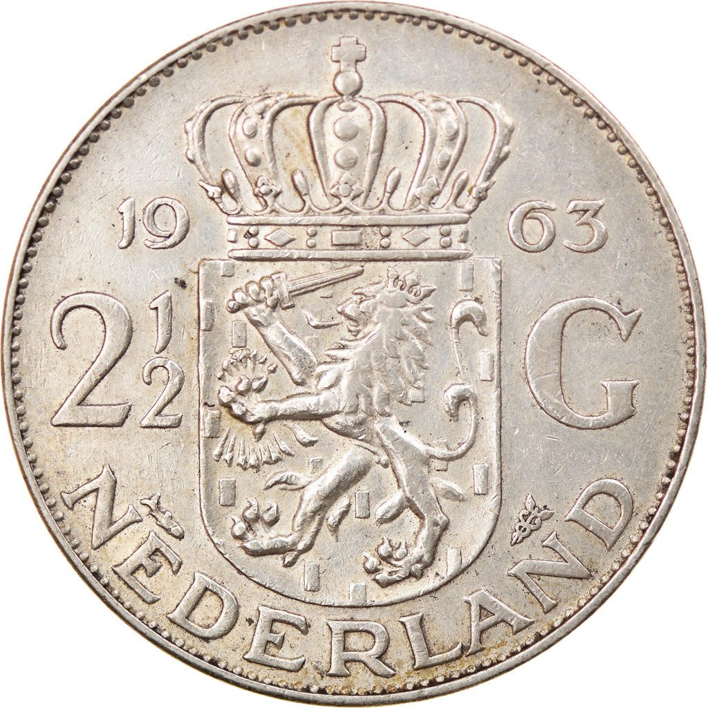 Coin, Netherlands, Juliana, 2-1/2 Gulden, 1963, EF(40-45), Silver, KM:185