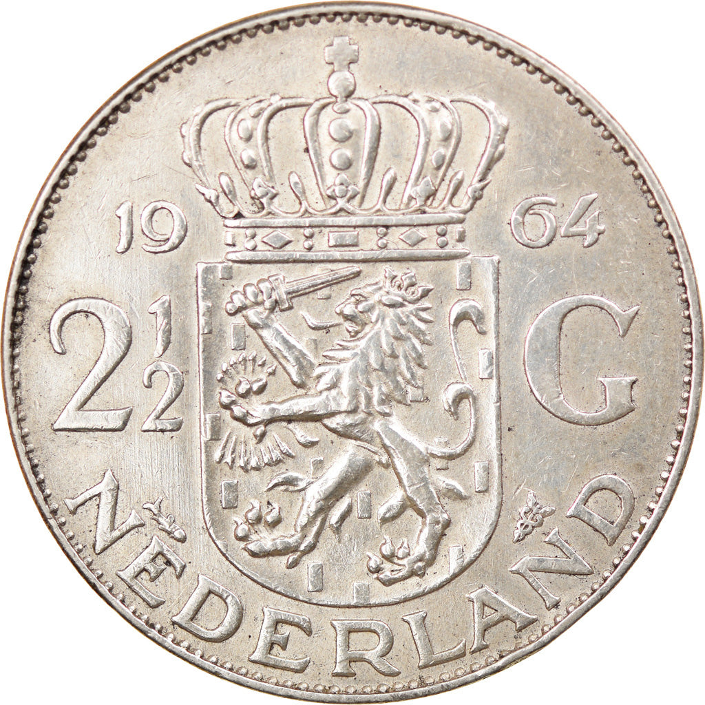 Coin, Netherlands, Juliana, 2-1/2 Gulden, 1964, EF(40-45), Silver, KM:185