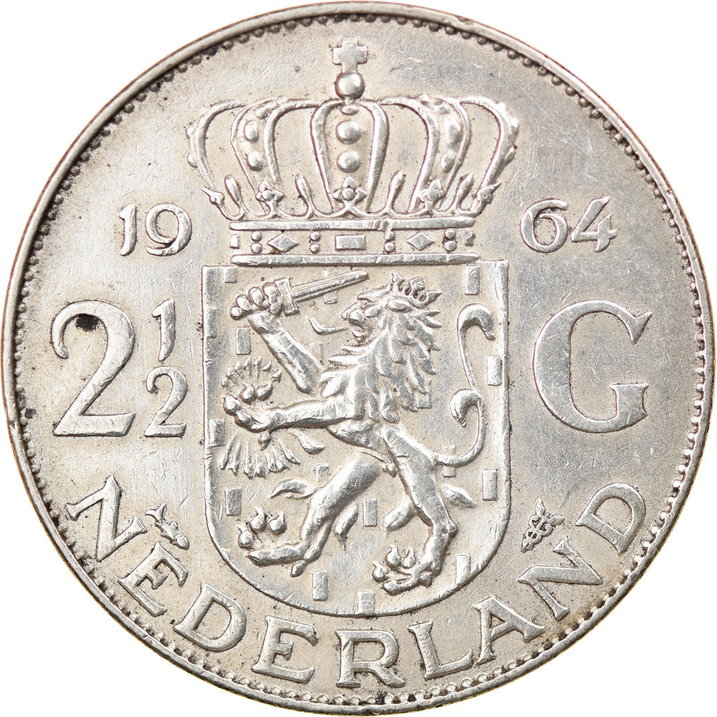 Coin, Netherlands, Juliana, 2-1/2 Gulden, 1964, EF(40-45), Silver, KM:185