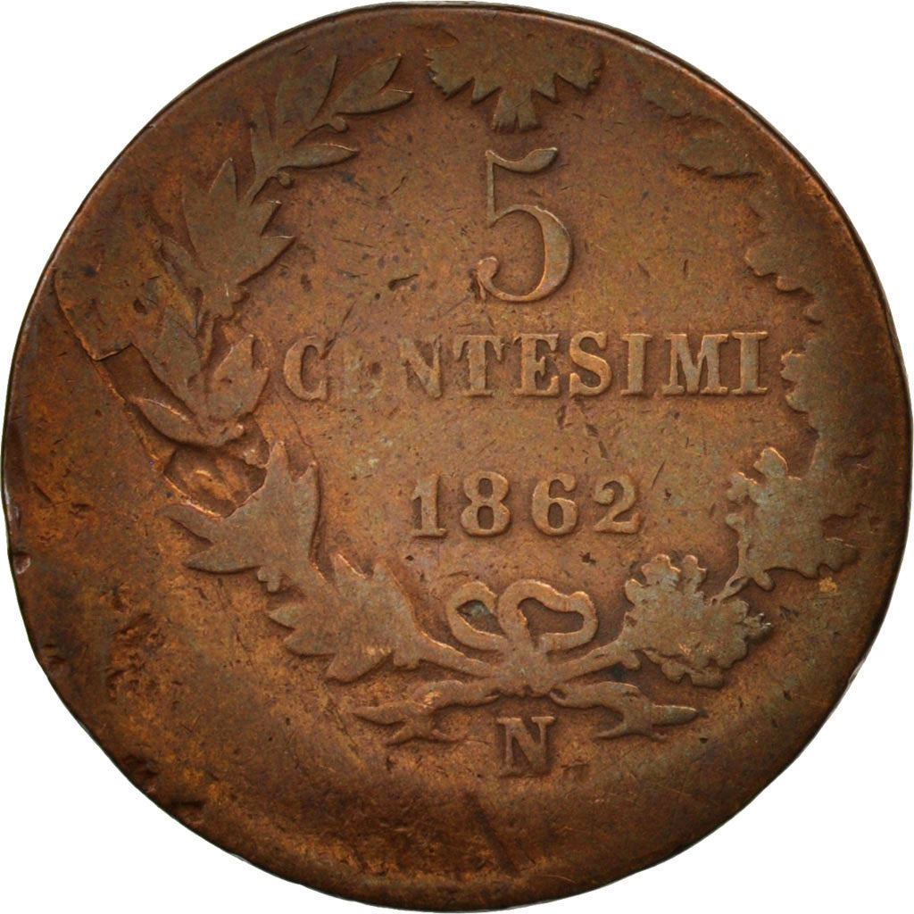 Italy, Vittorio Emanuele II, 5 Centesimi, 1862, Naples, VF(20-25),Copper,KM 3.3.