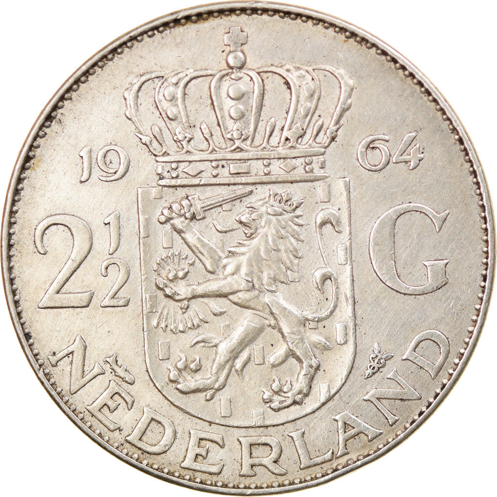 Coin, Netherlands, Juliana, 2-1/2 Gulden, 1964, EF(40-45), Silver, KM:185