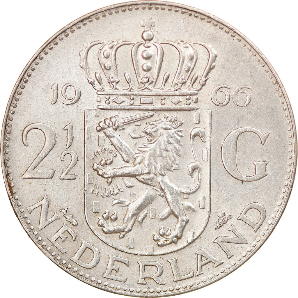 Moneda, Países Bajos, Juliana, 2-1/2 Gulden, 1966, MBC+, Plata, KM:185