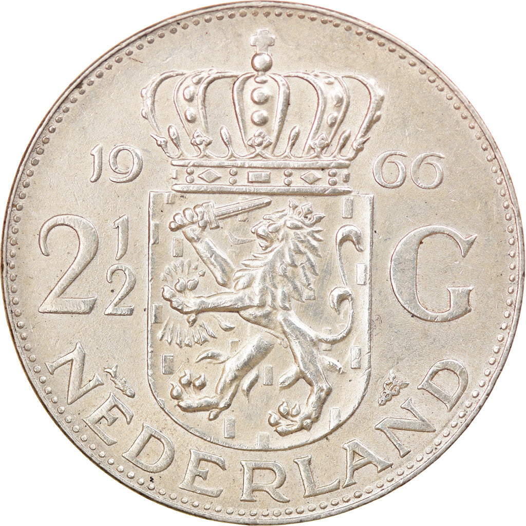 Coin, Netherlands, Juliana, 2-1/2 Gulden, 1966, EF(40-45), Silver, KM:185